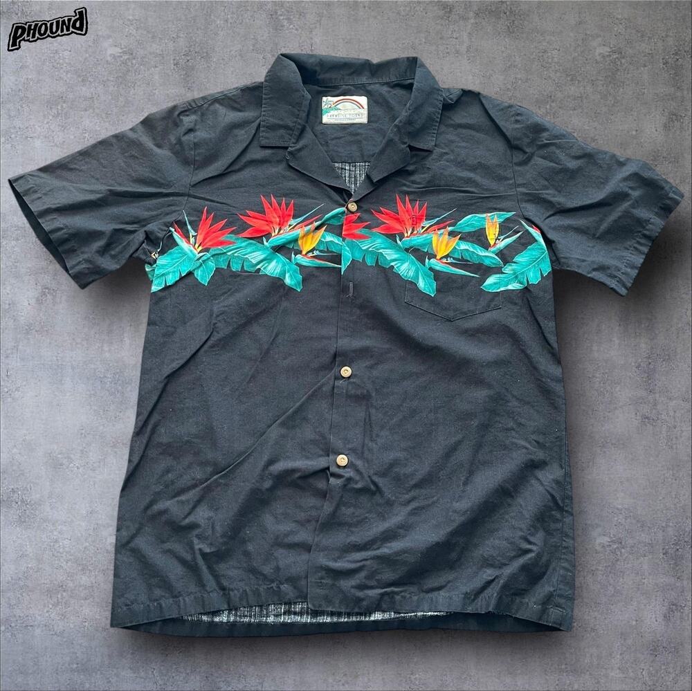 Paradise Found Shirt Mens Medium Black Hawaiian Aloha Bird of Paradise Panel